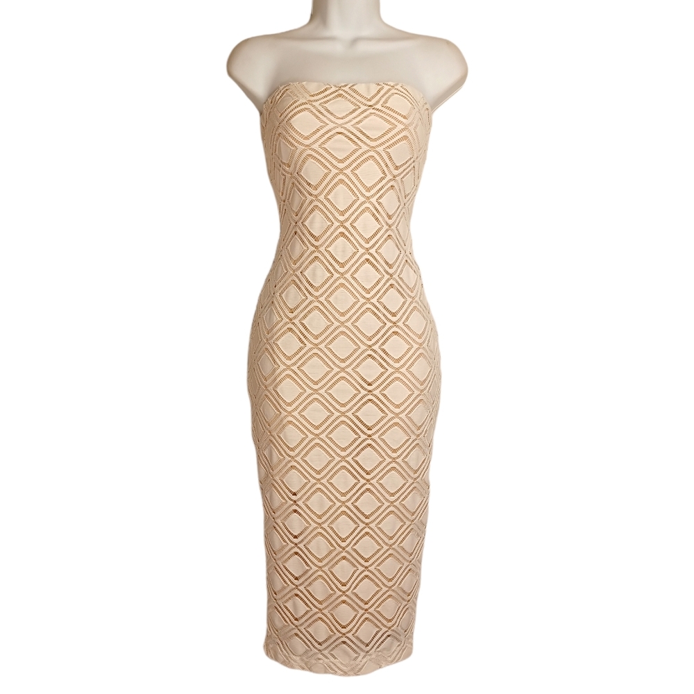 G BY GUESS White Crochet Lace Nude Lining Strapless Bodycon Midi Dress Small